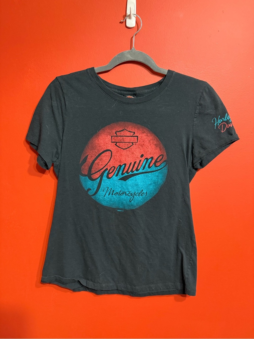 Harley-Davidson Black Tee with Red and Teal 'Genuine Motorcycles' Graphic